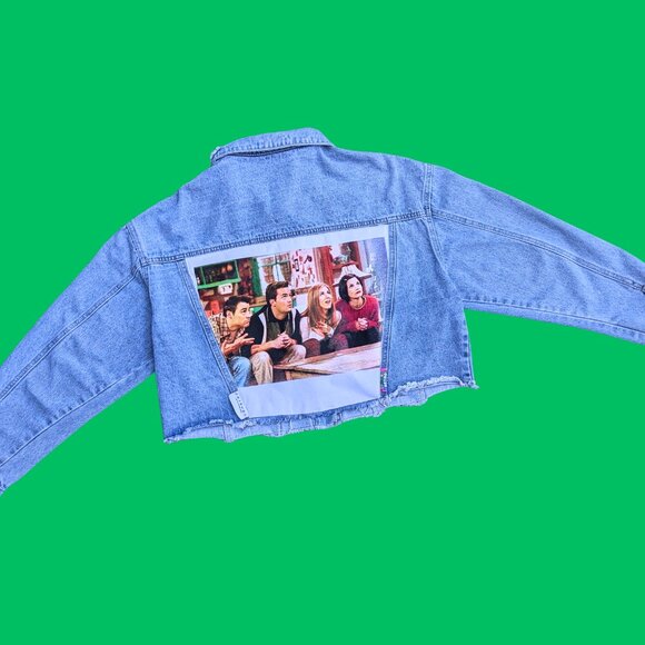 SOLD Handmade, Upcycled Friends Cropped Denim Jacket Size XL - Picture 3 of 4